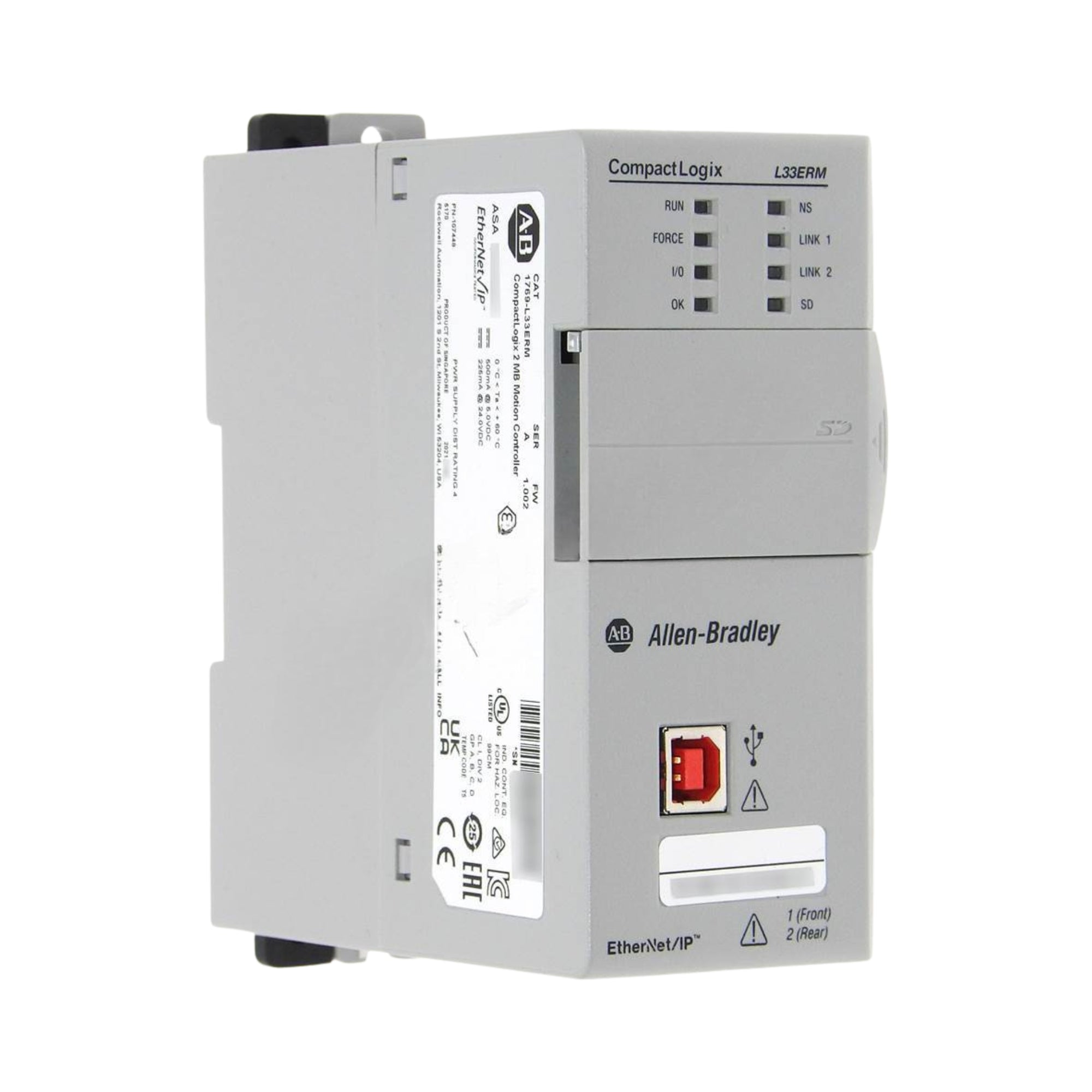 Allen Bradley 1769-L33ERM Controller, CompactLogix, 2MB Memory, Dual Ethernet port, Secure Digital, USB, 8 axis CIP Motion