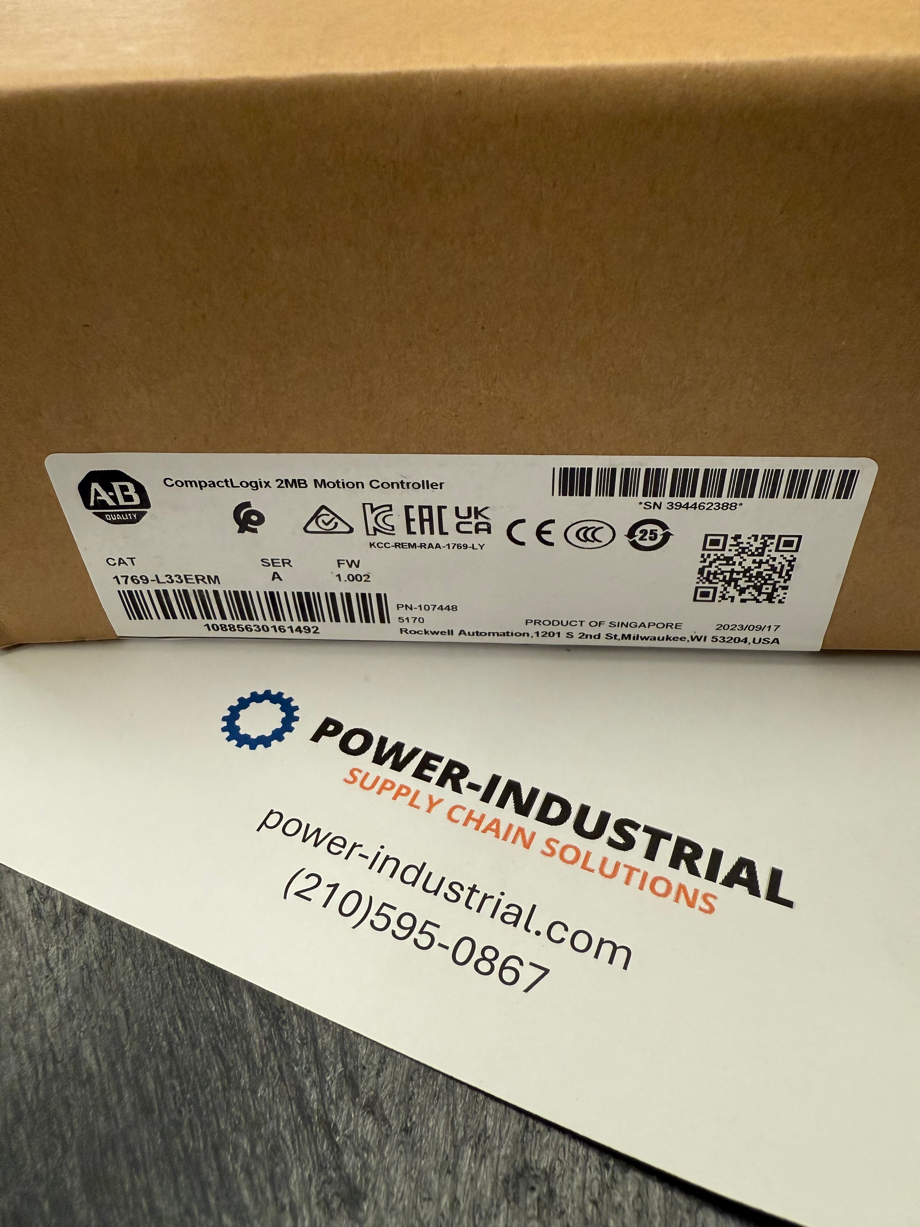 Allen Bradley 1769-L33ERM Controller, CompactLogix, 2MB Memory, Dual Ethernet port, Secure Digital, USB, 8 axis CIP Motion